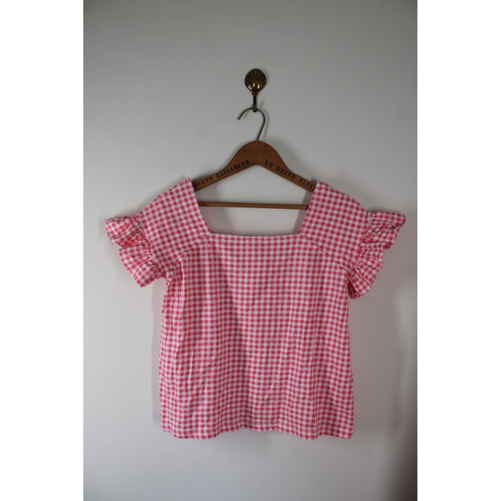Barbour Size 6 Pink Gingham Pansy Top Ruffle Sleeve Square Neck Cotton Blouse